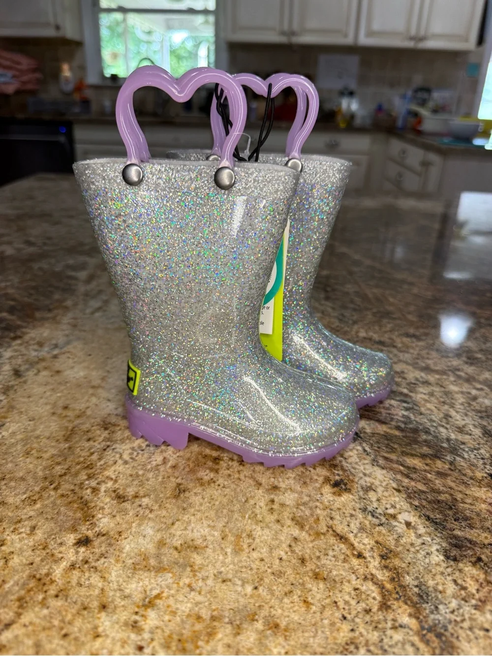 Western Chief Kids Glitter Silver Rain Boots w/ Lavender Handles